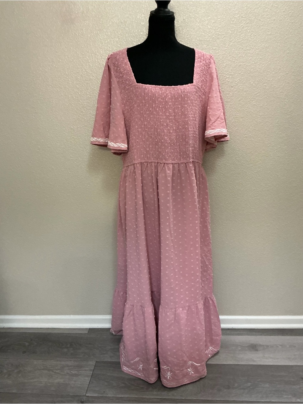 Pink Maxi Dress with Square Neck and Flutter Sleeves